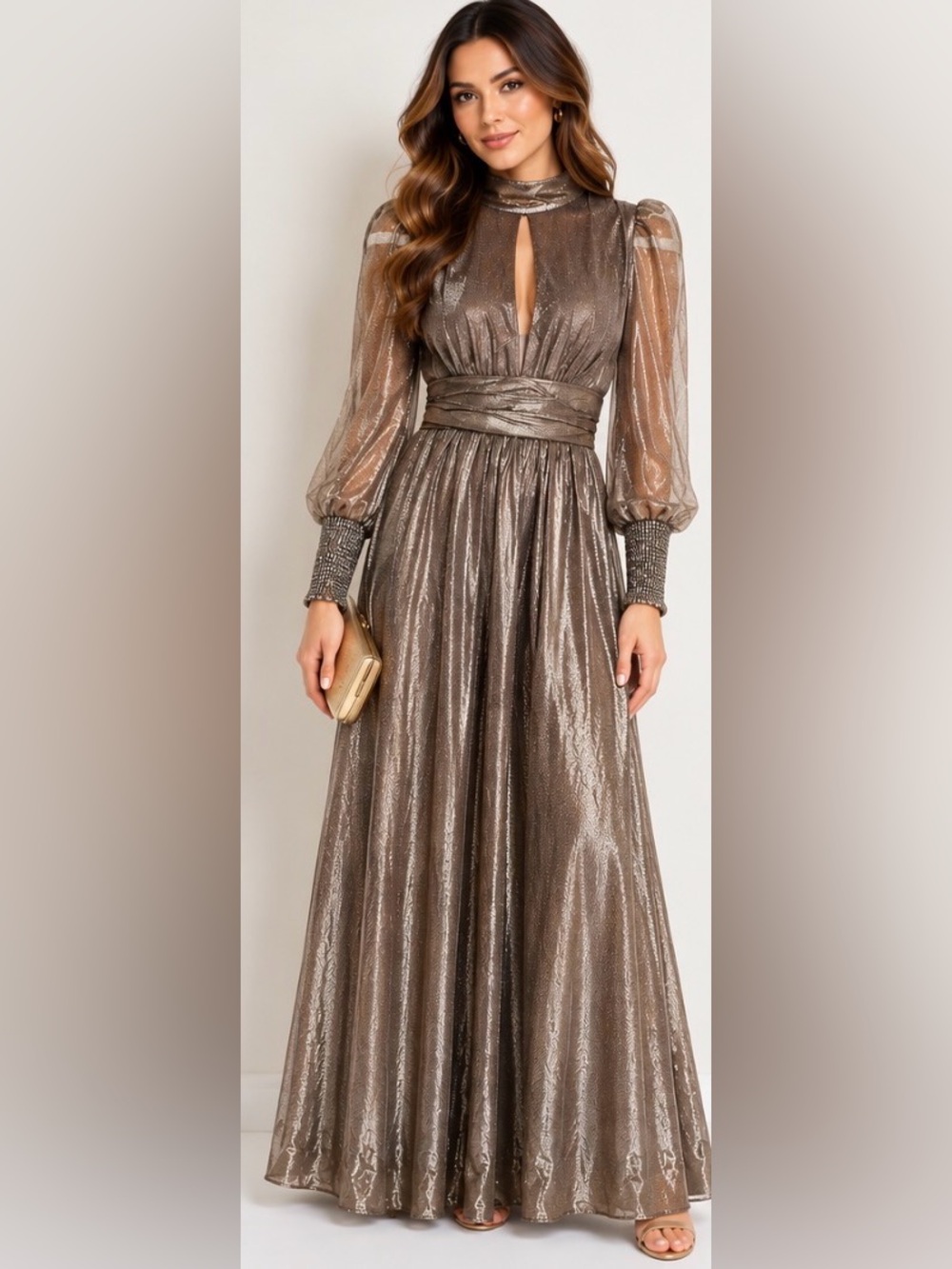 SOIEBLU Metallic Bronze Sheer Sleeve Maxi Dress Large NWOT Evening Gown